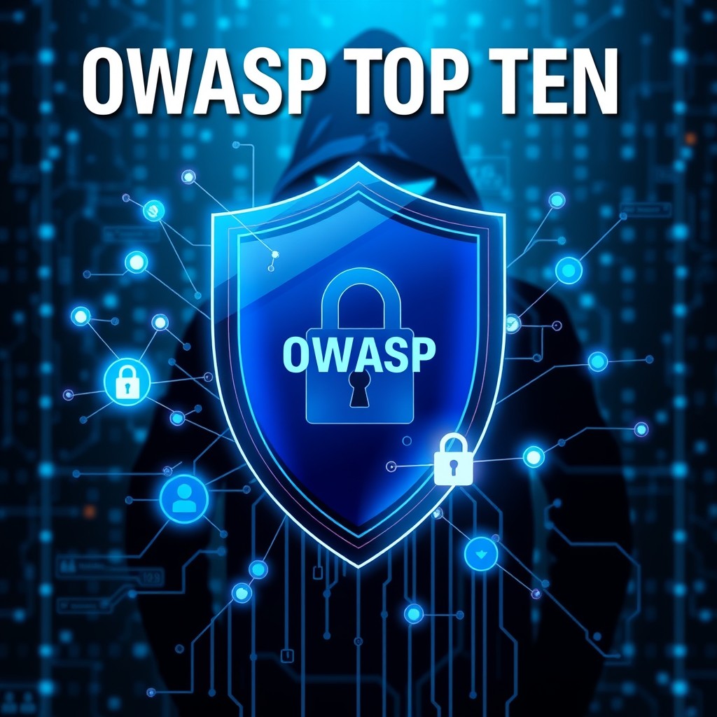 An abstract representation of cybersecurity principles and practices, focusing on the OWASP Top Ten, featuring a digital shield symbolizing protection against vulnerabilities, interconnected nodes illustrating web applications, a hacker silhouette in the background, and a glowing grid pattern to signify the internet