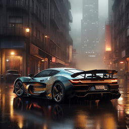 An imaginative 8K resolution portrayal of a brand-new luxurious supercar, displayed against a striking backdrop of a rain-soaked cityscape.