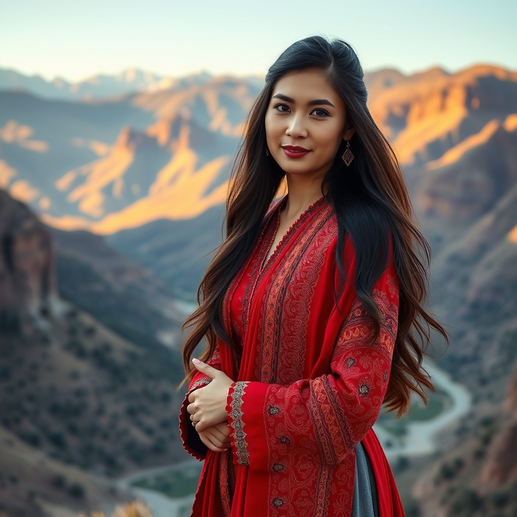 A beautiful portrayal of a Hazara woman in traditional Hazaragi clothing, featuring a striking red outfit that highlights her cultural heritage