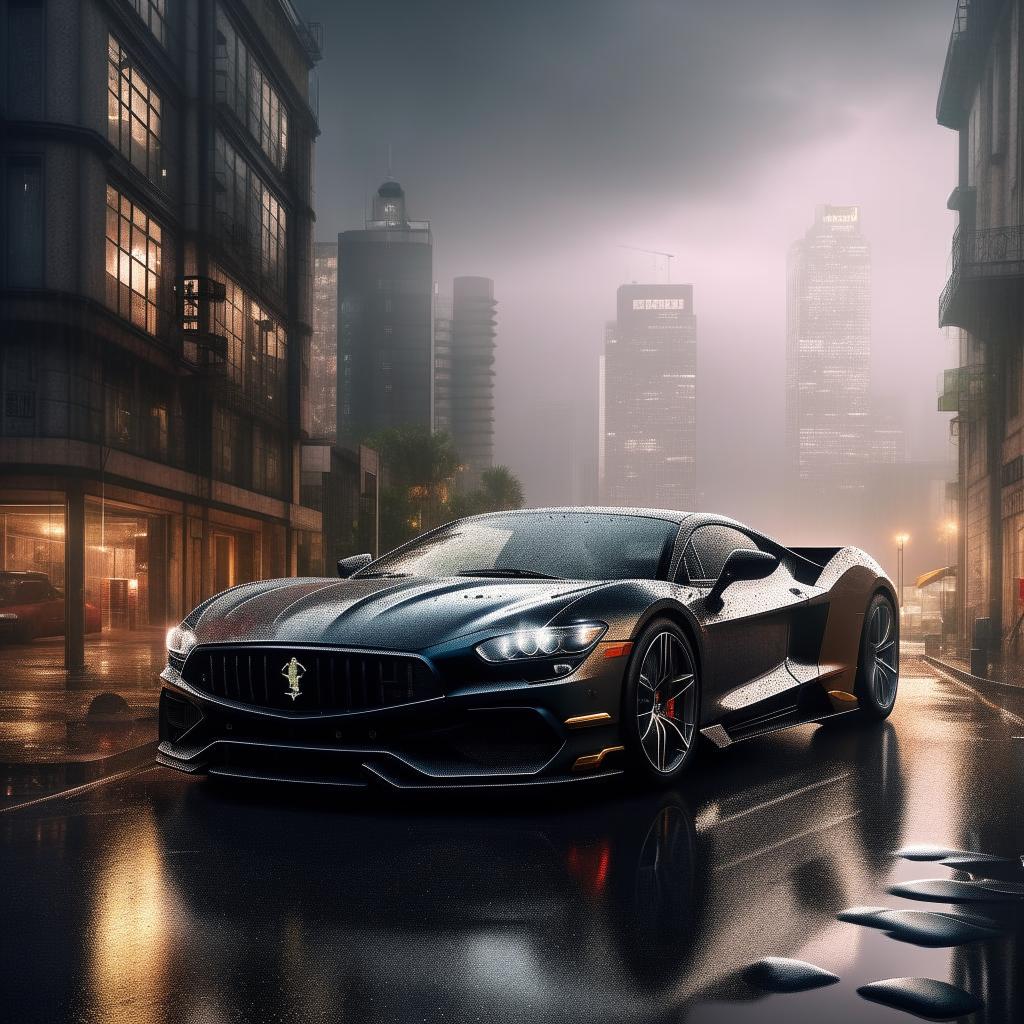 An imaginative 8K resolution portrayal of a brand-new luxurious supercar, displayed against a striking backdrop of a rain-soaked cityscape.