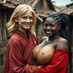 In a poor medieval village, a young petite blonde woman with an emaciated body and a wicked smile wears a long, closed Buddhist robe with a high collar, featuring medium-length blonde hair and medieval earrings