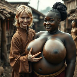 In a poor medieval village, a young petite blonde woman with an emaciated body and a sinister smile is dressed in a long, closed Buddhist robe with a high collar, her medium-length blonde hair adorned with medieval earrings
