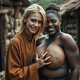 In a poor medieval village, a young petite blonde woman with an emaciated body and a wicked, malicious smile is dressed in a long, closed Buddhist robe with a high collar, and has medium-length blonde hair adorned with medieval earrings