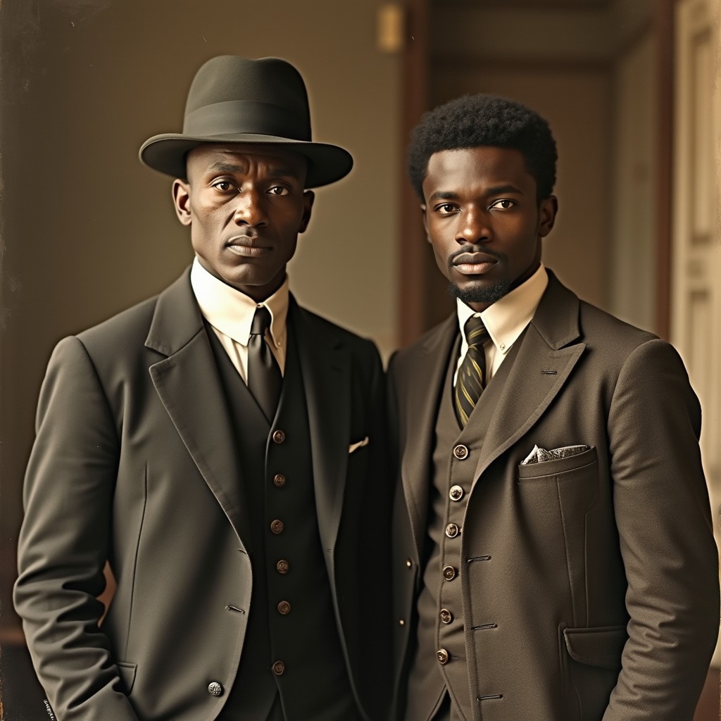 A historical photograph depicting two men in a formal setting, representing iconic figures from the Nation of Islam movement