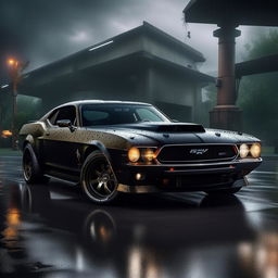 An innovative 8K resolution visualization of a new luxury, military-based muscle car, showcased against a captivating rainy background, exhibiting raw power and sophistication.