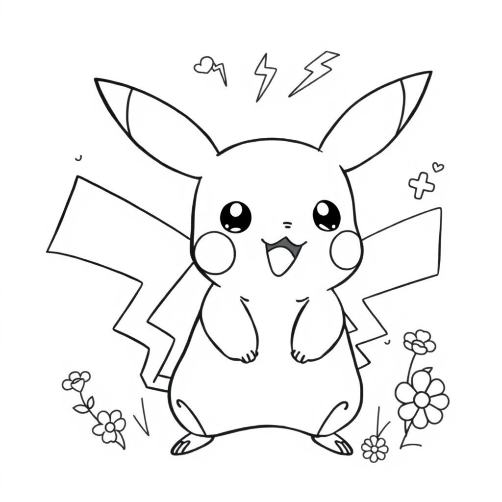 A cute Pikachu line art illustration designed for coloring