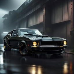 An innovative 8K resolution visualization of a new luxury, military-based muscle car, showcased against a captivating rainy background, exhibiting raw power and sophistication.