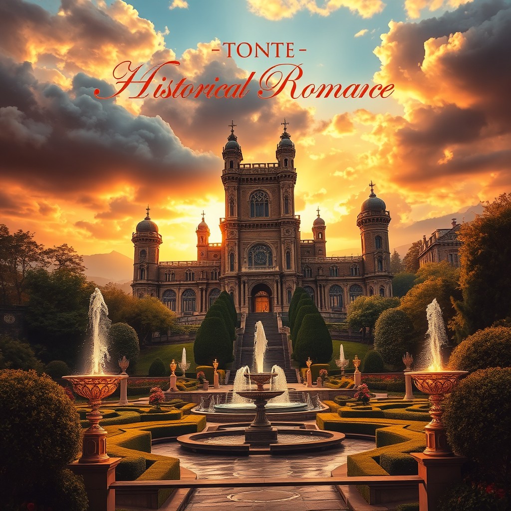 A captivating historical romance book cover illustrating a majestic ancient castle in the backdrop, surrounded by lush gardens and elegant fountains