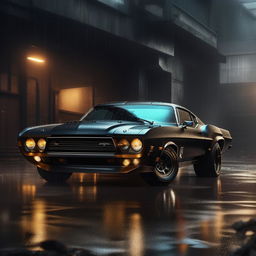 An innovative 8K resolution visualization of a new luxury, military-based muscle car, showcased against a captivating rainy background, exhibiting raw power and sophistication.