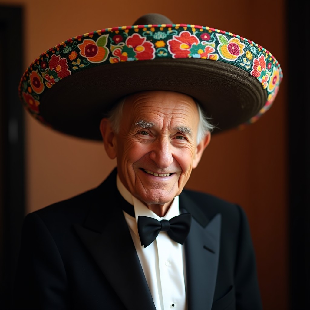 An elderly man wearing a colorful Mexican sombrero, decorated with traditional patterns