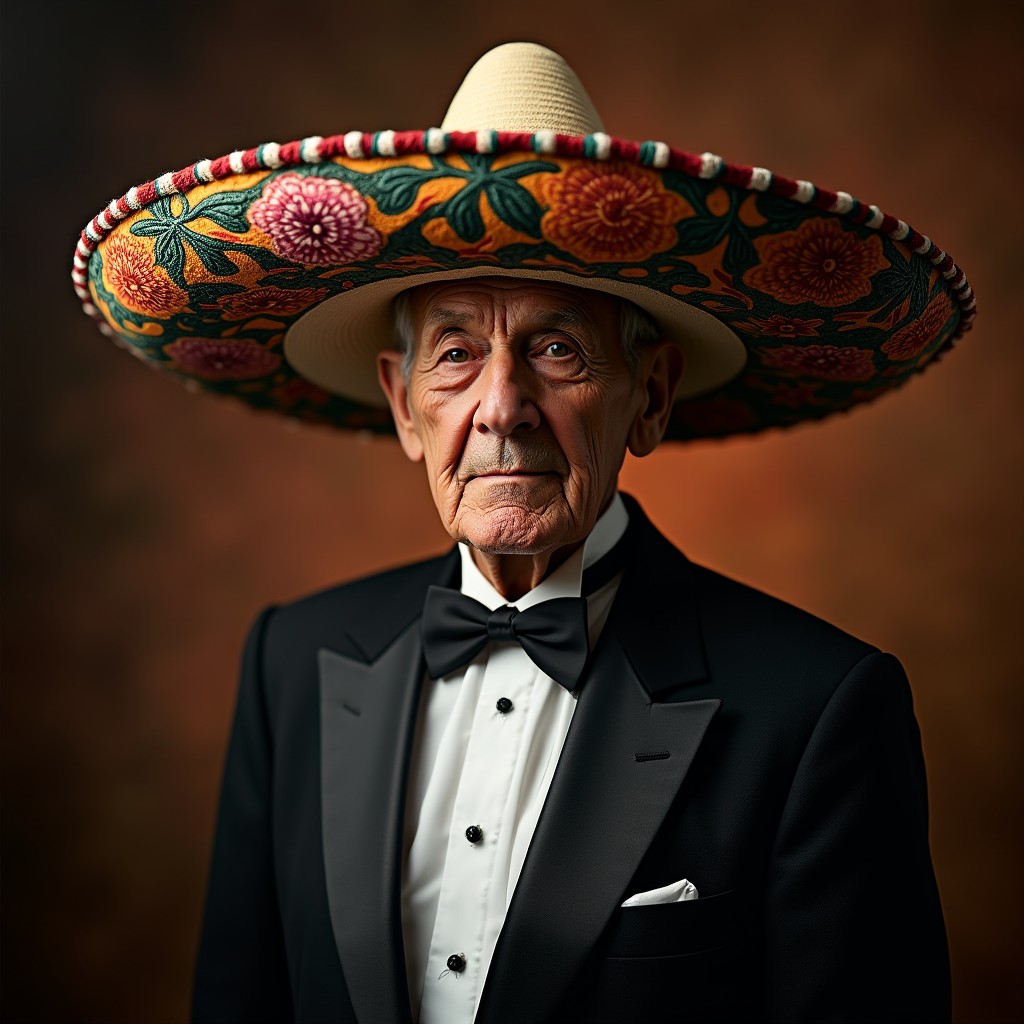 A dignified elderly man wearing a vibrant Mexican sombrero decorated with traditional patterns