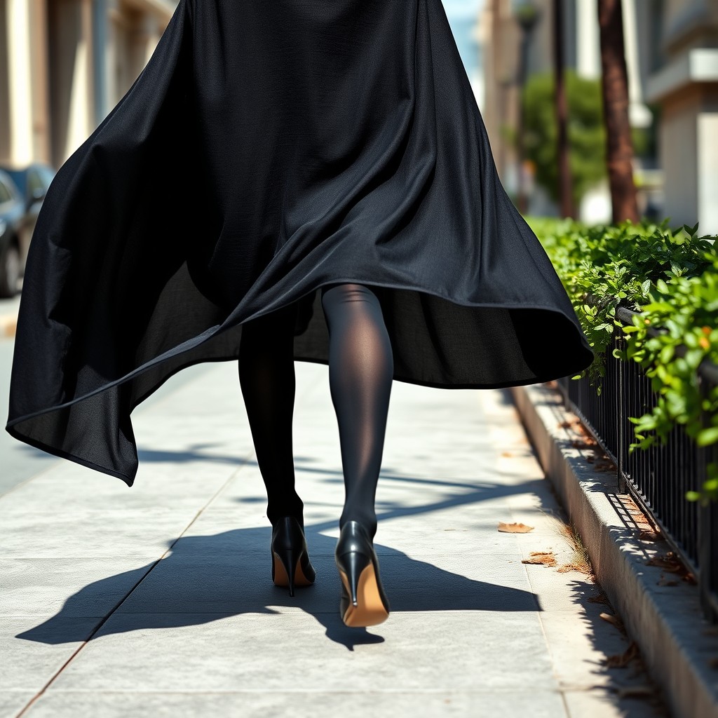 A stylish woman in a thick black chadori, which gracefully drapes around her, conveying elegance and mystique