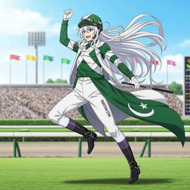 An anime-styled character inspired by the racing horse Pakistan Star, featuring vibrant colors and a dynamic pose that conveys speed and elegance