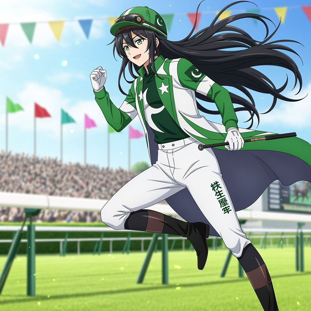 An anime-styled character inspired by the racing horse Pakistan Star, featuring vibrant colors and a dynamic pose that conveys speed and elegance