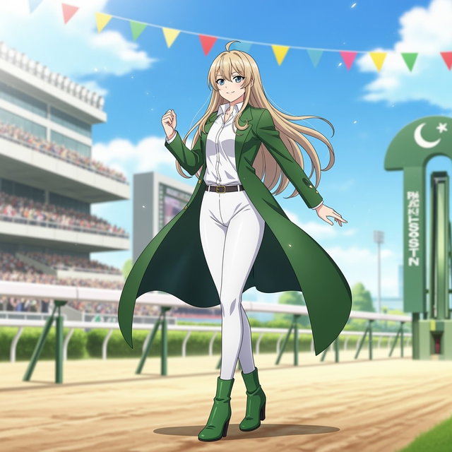 An anime-styled character inspired by the racing horse Pakistan Star, depicted in a vibrant and dynamic pose that conveys speed and elegance