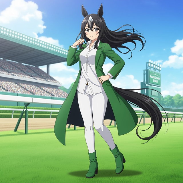 Anime Umamusume character inspired by the racing horse Pakistan Star, wearing a stylish green long jacket over a white shirt, complemented by white leggings