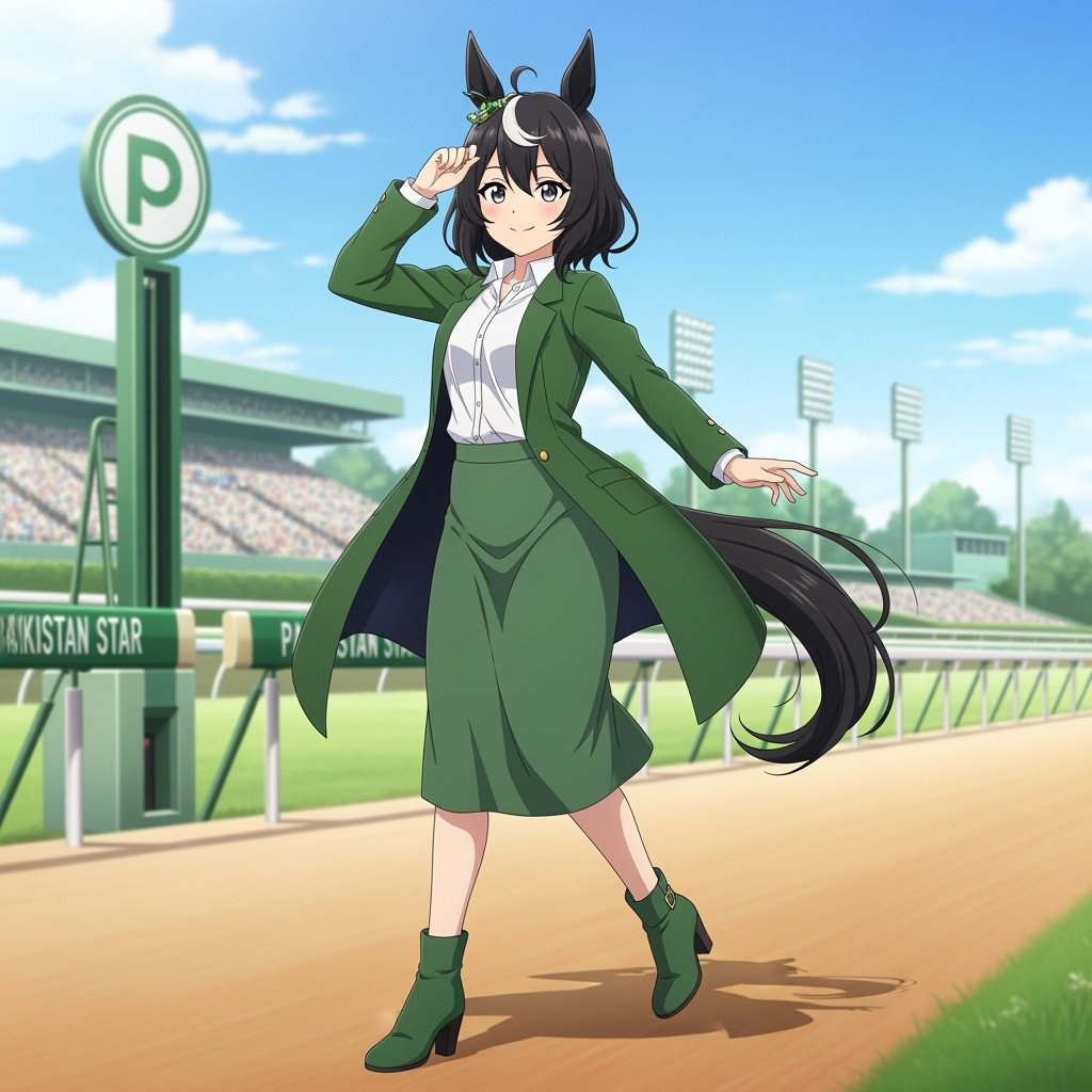 Anime Umamusume character inspired by the racing horse Pakistan Star, styled in a fashionable green long jacket over a crisp white shirt, paired with a green mid-length skirt