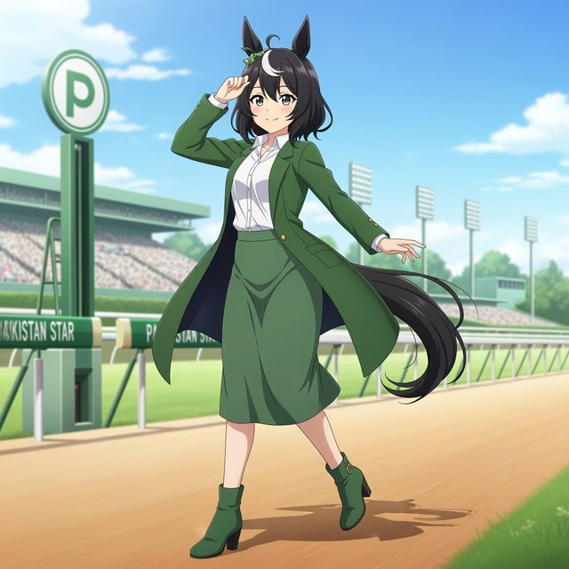 Anime Umamusume character inspired by the racing horse Pakistan Star, styled in a fashionable green long jacket over a crisp white shirt, paired with a green mid-length skirt
