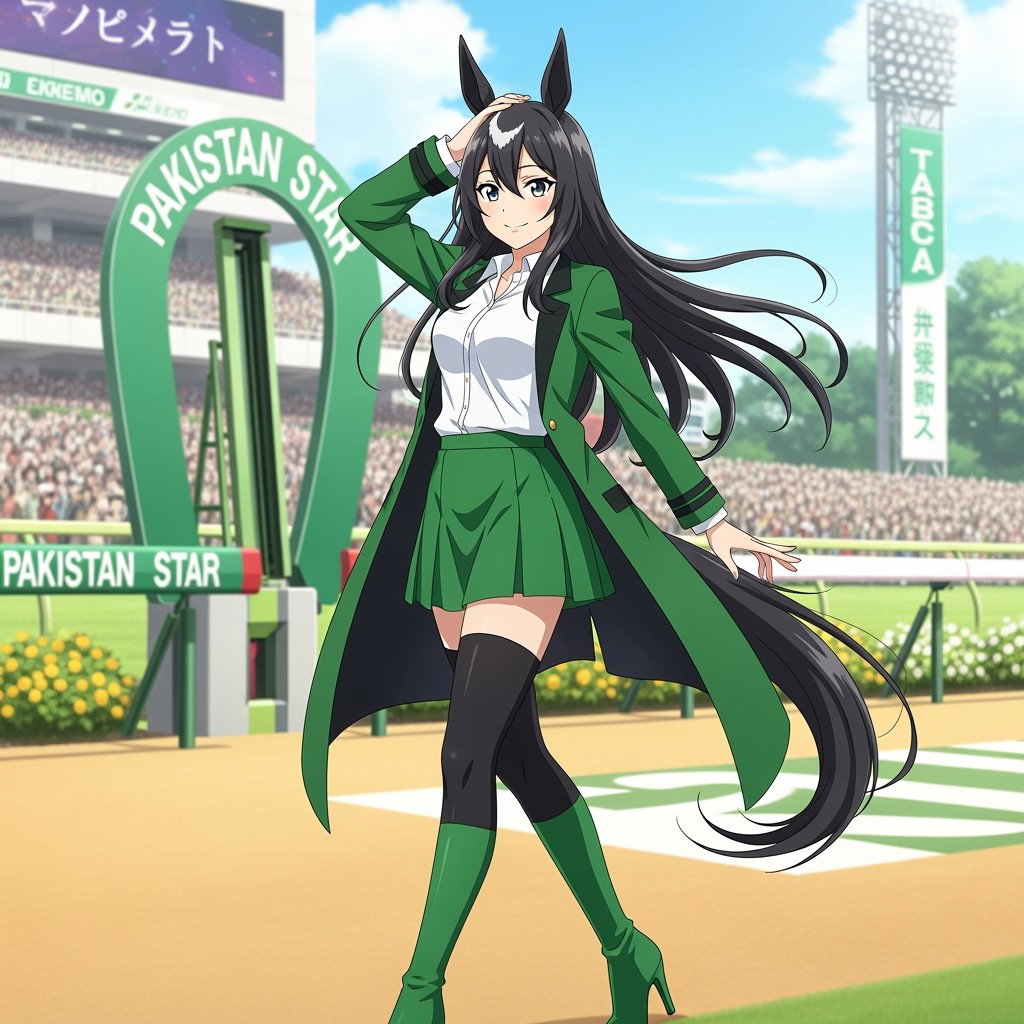 Anime Umamusume character inspired by the racing horse Pakistan Star, dressed in a fashionable green long jacket over a stylish white shirt