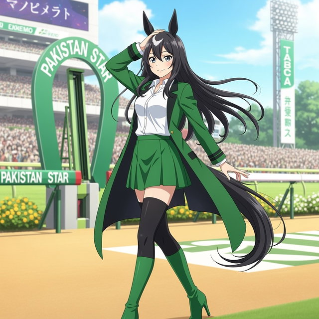 Anime Umamusume character inspired by the racing horse Pakistan Star, dressed in a fashionable green long jacket over a stylish white shirt