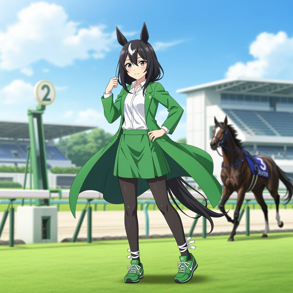 An anime character inspired by Pakistan Star, styled as an Umamusume, featuring a striking design with black horse ears and a flowing black horse tail