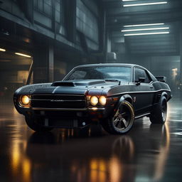 An innovative 8K resolution visualization of a new luxury, military-based muscle car, showcased against a captivating rainy background, exhibiting raw power and sophistication.