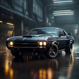 An innovative 8K resolution visualization of a new luxury, military-based muscle car, showcased against a captivating rainy background, exhibiting raw power and sophistication.