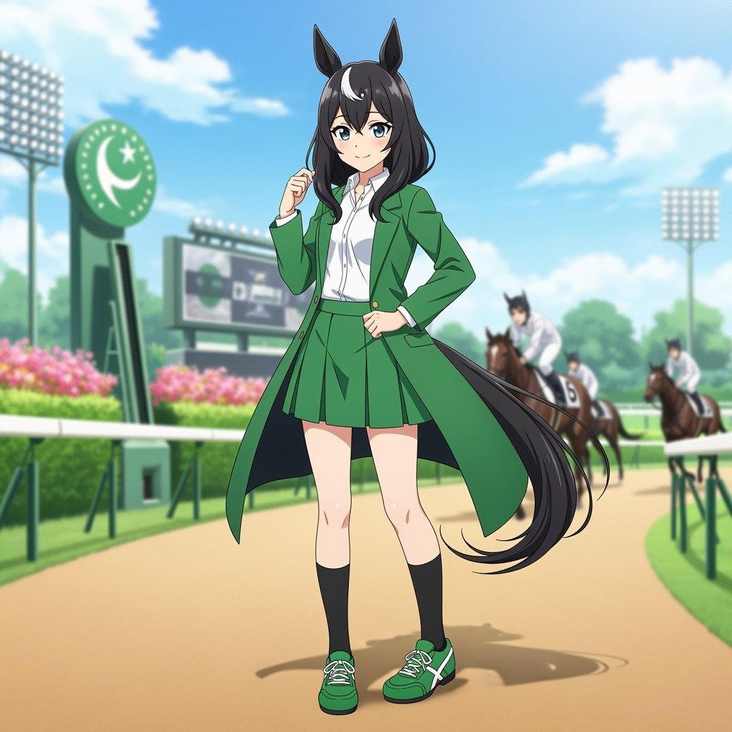 An anime character inspired by Pakistan Star, styled as an Umamusume, featuring elegant black horse ears and a flowing black horse tail