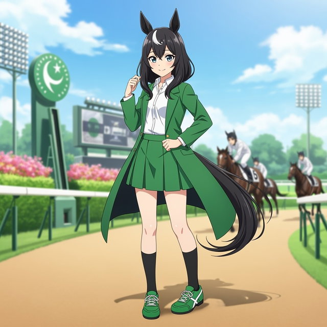 An anime character inspired by Pakistan Star, styled as an Umamusume, featuring elegant black horse ears and a flowing black horse tail