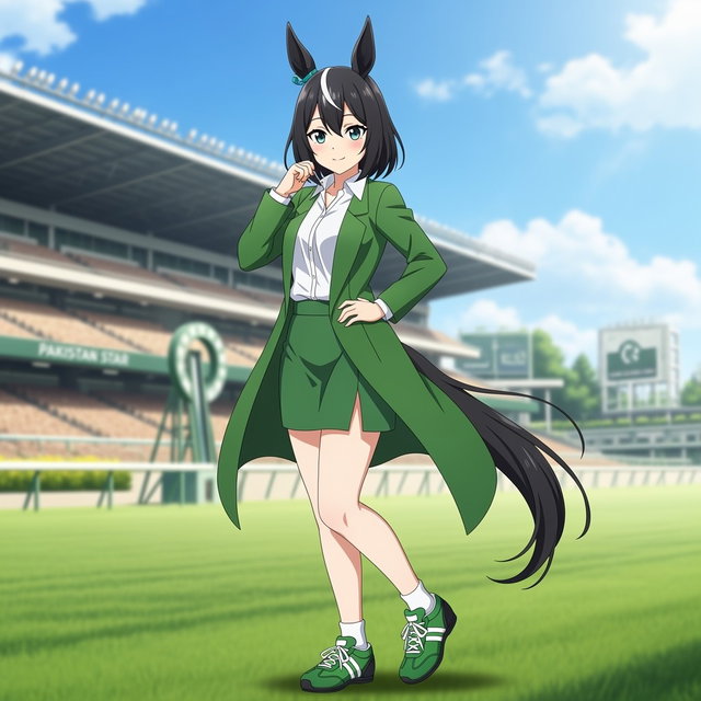 An anime Umamusume character inspired by Pakistan Star, featuring distinctive black horse ears and a long flowing black horse tail