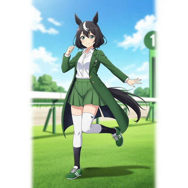 Anime Umamusume character inspired by the racing horse Pakistan Star, featuring a vibrant and dynamic design