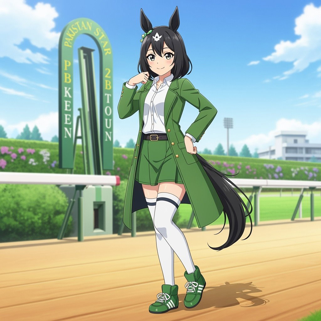 Anime Umamusume character inspired by the racing horse Pakistan Star, featuring a stylish green long jacket over a crisp white shirt