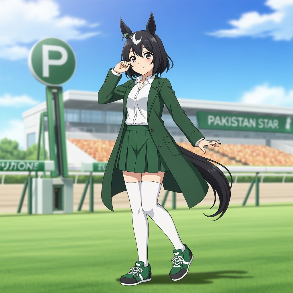Anime Umamusume character inspired by the racing horse Pakistan Star, depicted wearing a stylish green long jacket layered over a fresh white shirt