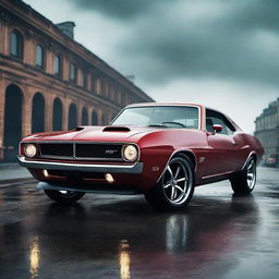 A luxury military-style muscle car in 8K resolution, poised against a dramatic rainy backdrop.