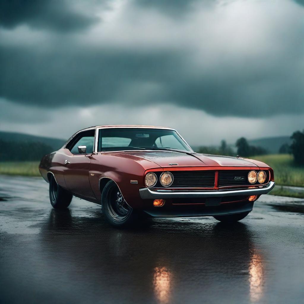 A luxury military-style muscle car in 8K resolution, poised against a dramatic rainy backdrop.