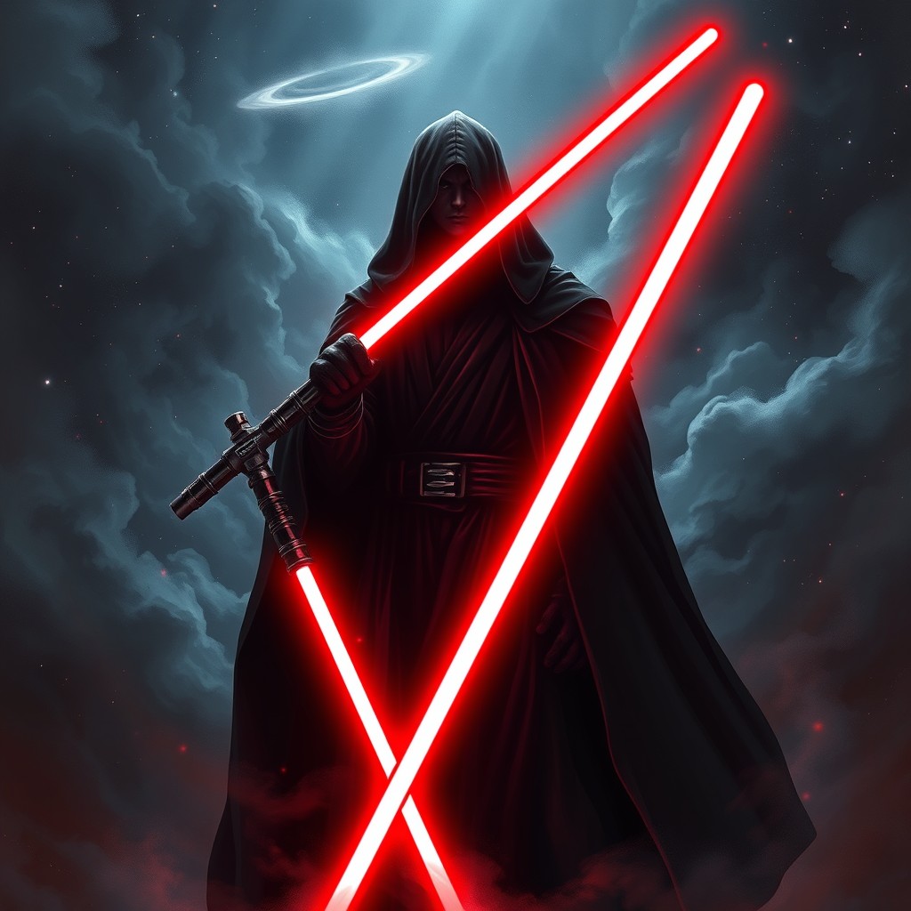 A dark and mysterious Sith Lord standing amidst a starry backdrop, clad in flowing black robes with a deep red lightsaber ignited, their face partially shadowed by the hood, showing a menacing stare