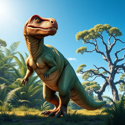 A muscular dinosaur with defined abs, standing proudly in a lush prehistoric landscape