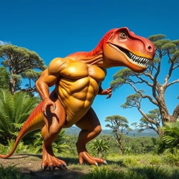 A muscular dinosaur with defined abs, standing proudly in a lush prehistoric landscape