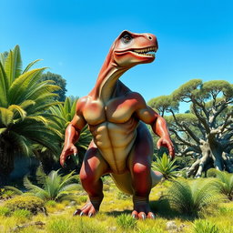 A muscular dinosaur with defined abs, standing proudly in a lush prehistoric landscape