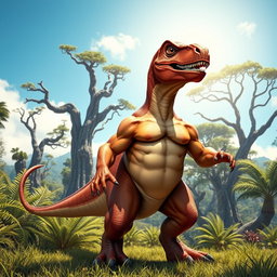 A muscular dinosaur with defined abs, standing proudly in a lush prehistoric landscape