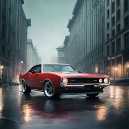 A luxury military-style muscle car in 8K resolution, poised against a dramatic rainy backdrop.