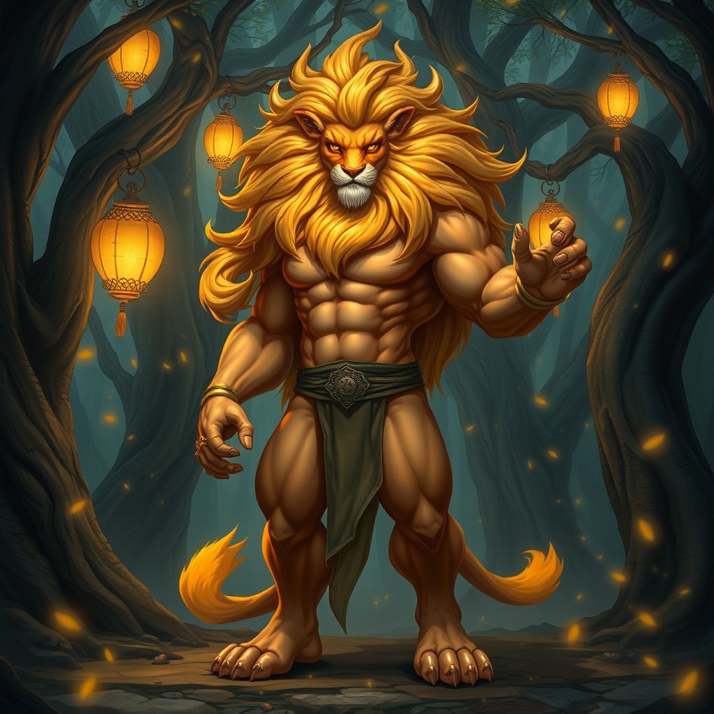 A majestic creature embodying both human and lion traits, with a muscular human body and a lion's majestic head, complete with a flowing mane