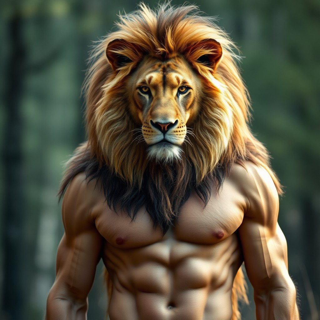 A realistic photo of a half human, half lion creature, showcasing a muscular human torso with a lion's head complete with a rich, flowing mane, standing confidently in a natural setting
