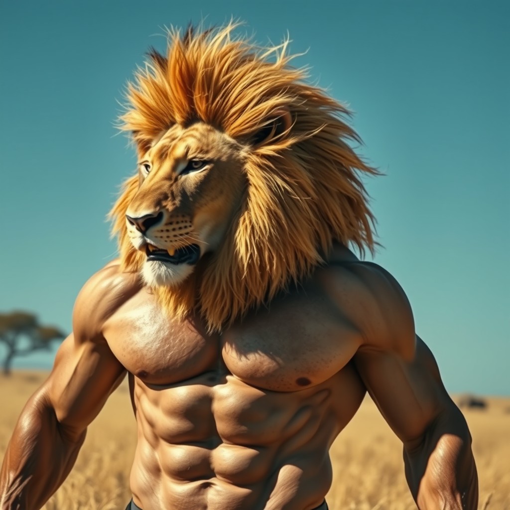 A hyper-realistic photo of a half human, half lion creature, seamlessly merging a strong human physique with an intricately detailed lion's head showcasing a majestic mane