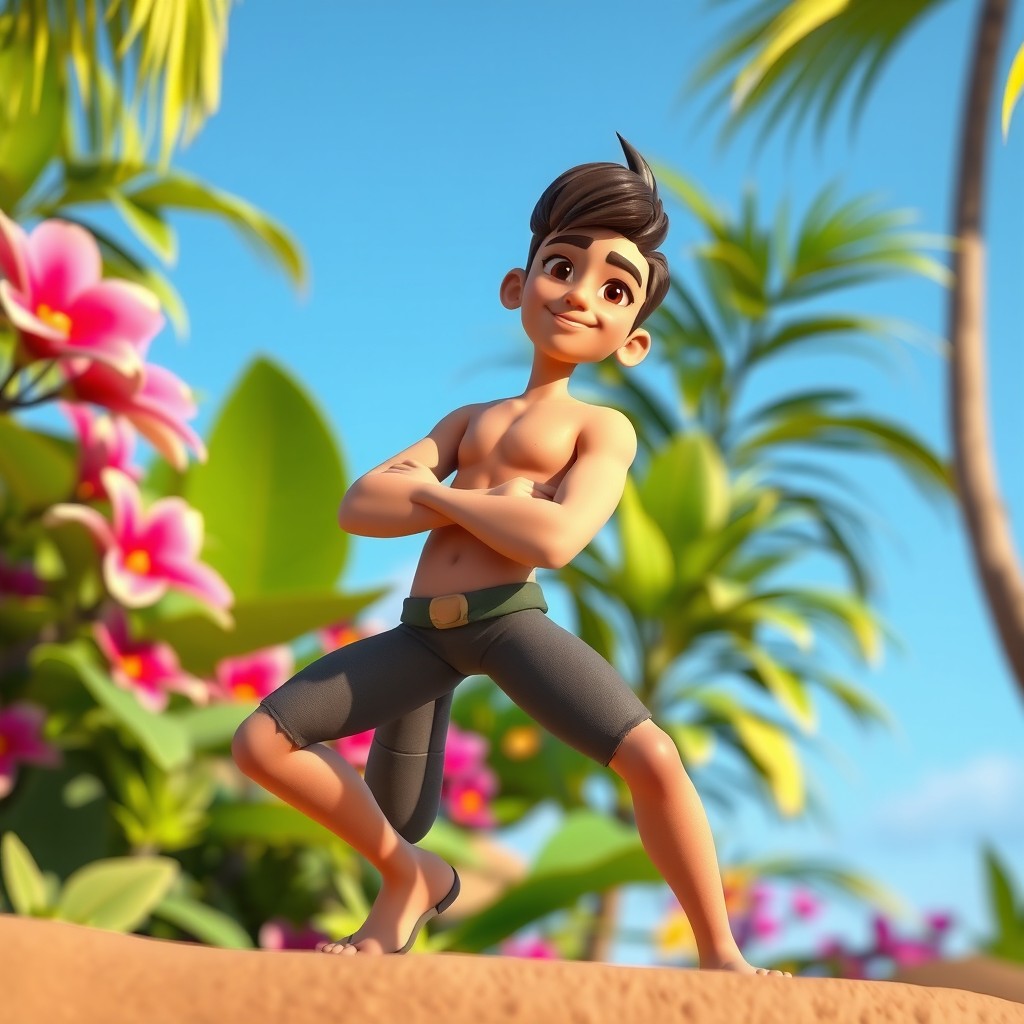 A stylized 3D character posing confidently in a lush, tropical environment
