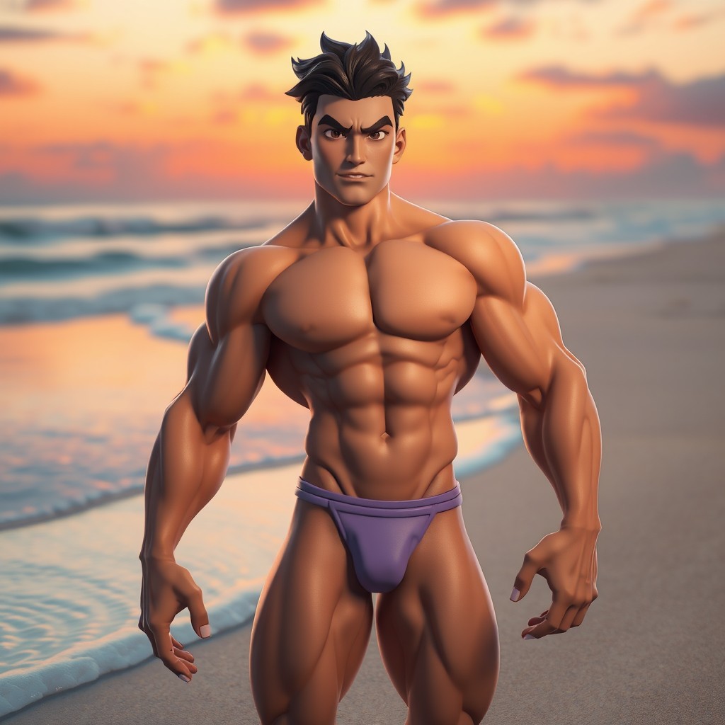 A stylized 3D character showcasing an athletic physique in a confident pose, surrounded by a serene beach setting during sunset