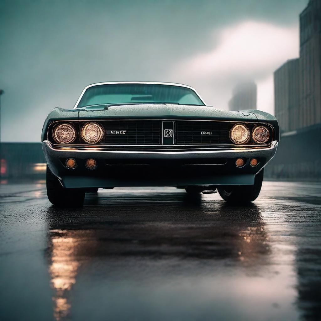 A luxury military-style muscle car in 8K resolution, poised against a dramatic rainy backdrop.