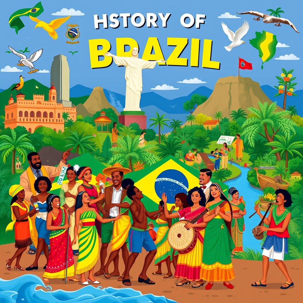 A vibrant and colorful illustration representing the history of Brazil, featuring significant historical events and figures, such as the arrival of Pedro Álvares Cabral, the independence declaration by Dom Pedro I, and the abolition of slavery