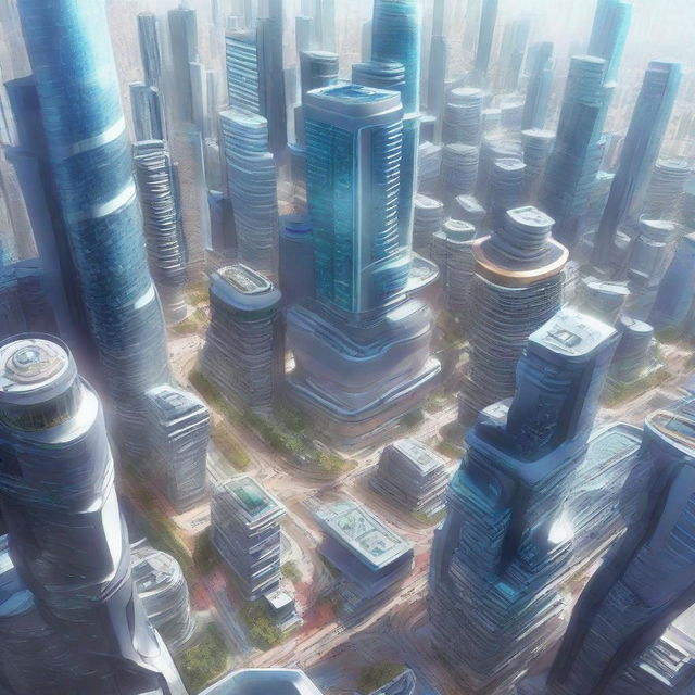 A panoramic overhead view of a futuristic city teeming with skyscrapers and flying vehicles, focusing on a bustling lab where Dr. Lauren is engrossed in an intriguing experiment.