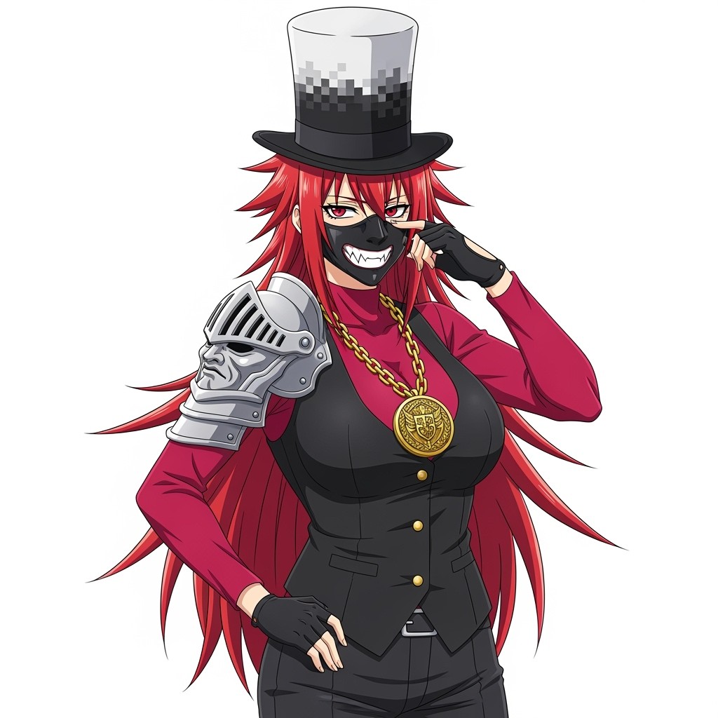A stylish anime character with vibrant bright red long hair that is waist-length and spiky